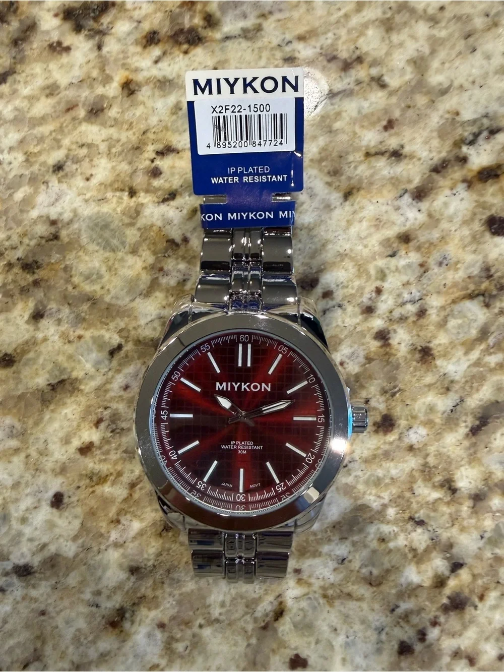 Miykon Men's Silver Stainless Steel Quartz Watch - Water-Resistant, Red Dial